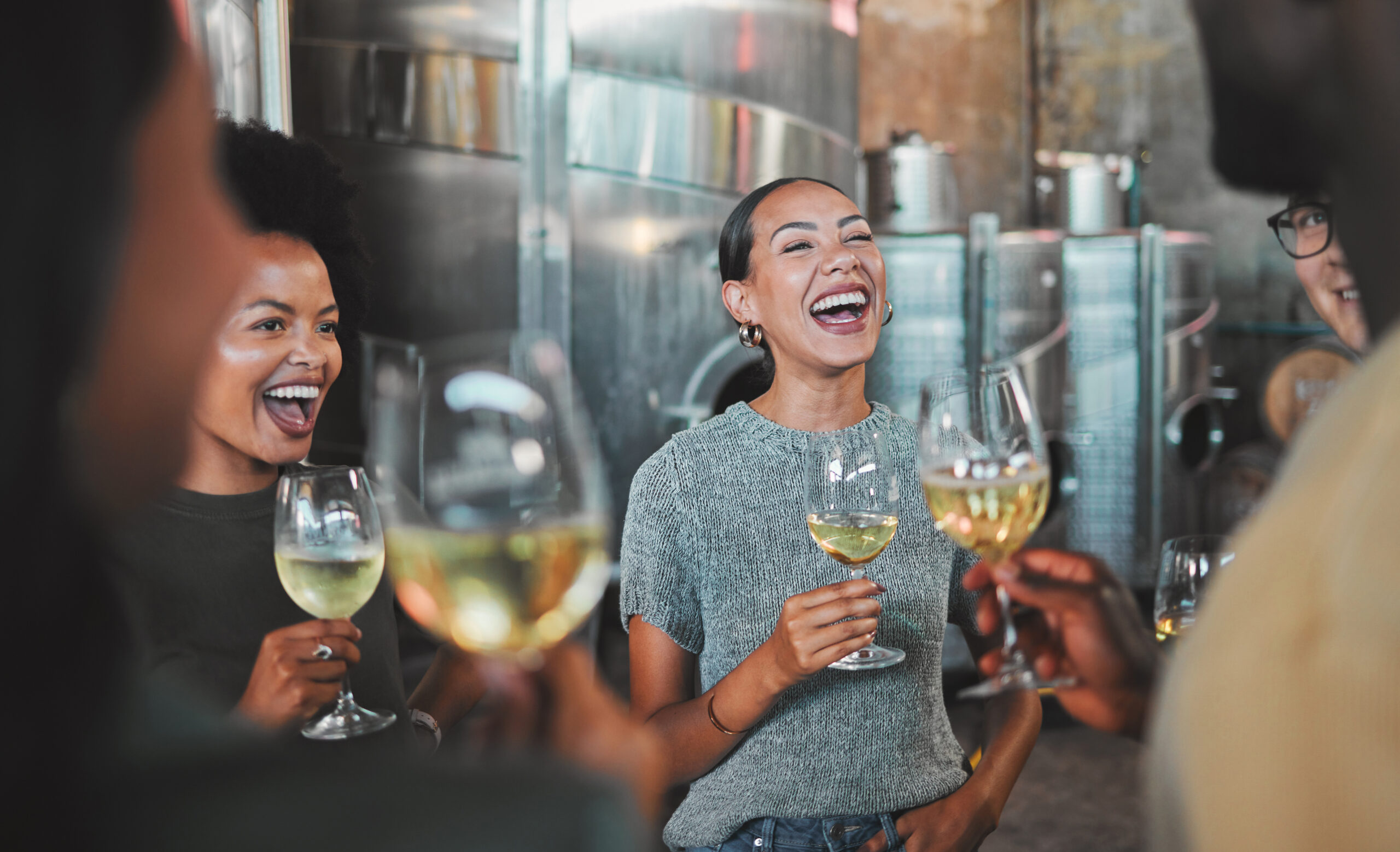 Group laughing in cellar